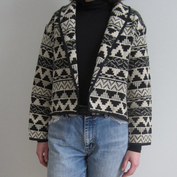 80s-90s Black & white woven jacquard crop jacket - Picture 4 of 4